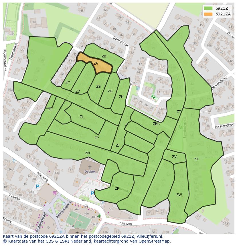 Afbeelding van het postcodegebied 6921 ZA op de kaart.
