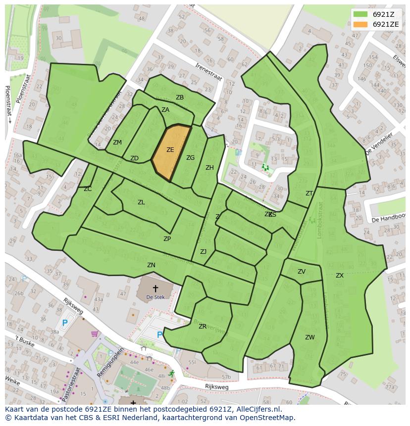 Afbeelding van het postcodegebied 6921 ZE op de kaart.