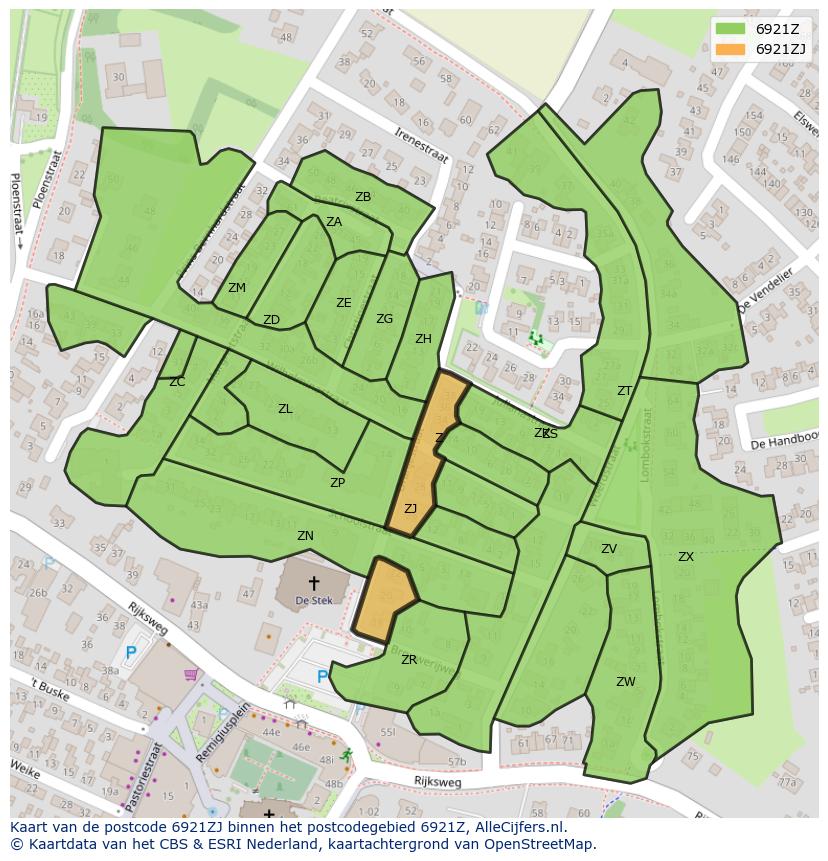 Afbeelding van het postcodegebied 6921 ZJ op de kaart.