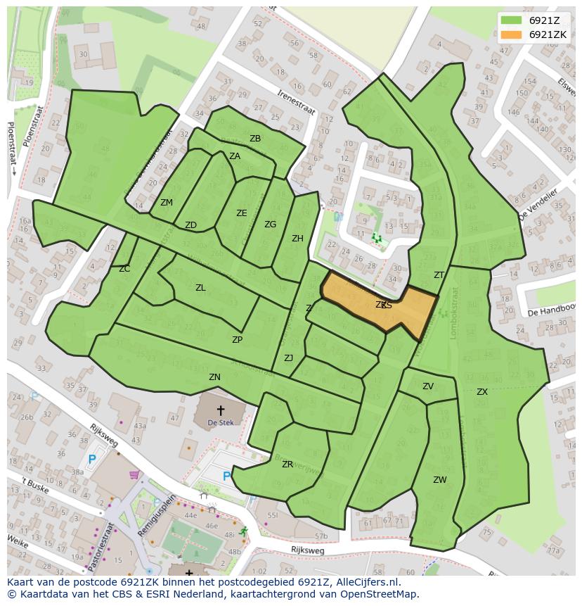 Afbeelding van het postcodegebied 6921 ZK op de kaart.