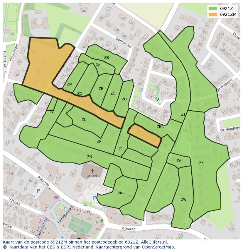 Afbeelding van het postcodegebied 6921 ZM op de kaart.