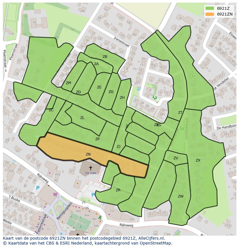 Afbeelding van het postcodegebied 6921 ZN op de kaart.