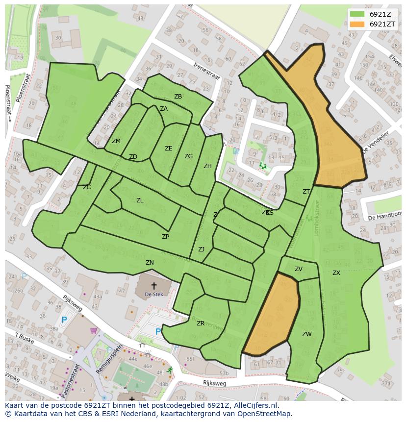 Afbeelding van het postcodegebied 6921 ZT op de kaart.