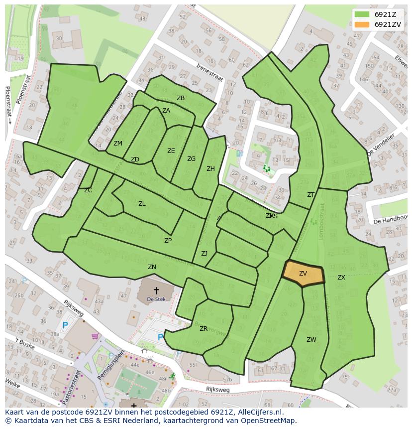 Afbeelding van het postcodegebied 6921 ZV op de kaart.