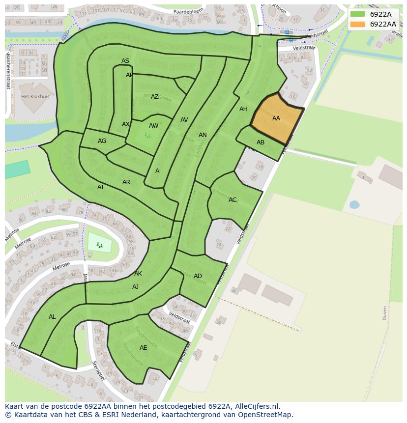 Afbeelding van het postcodegebied 6922 AA op de kaart.