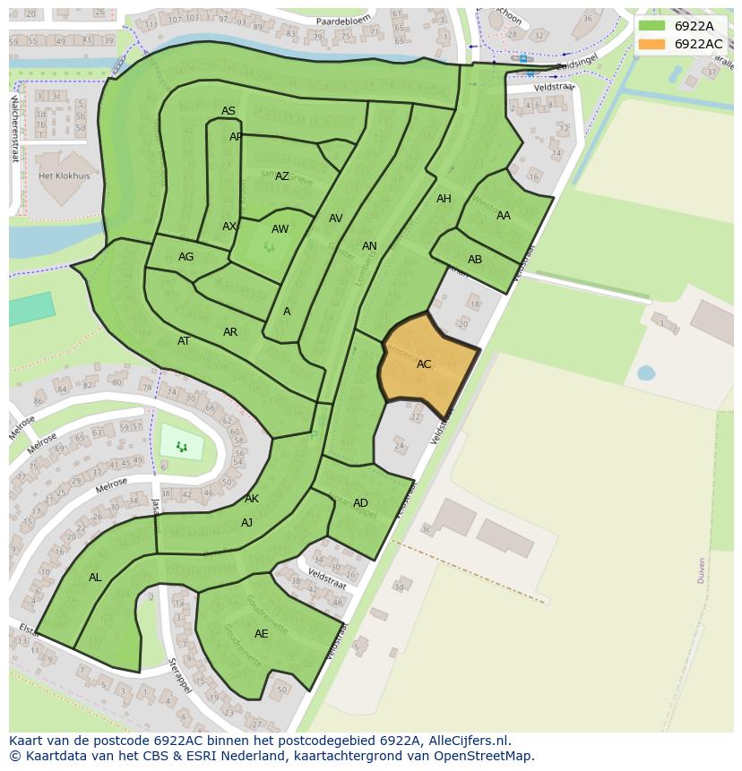 Afbeelding van het postcodegebied 6922 AC op de kaart.
