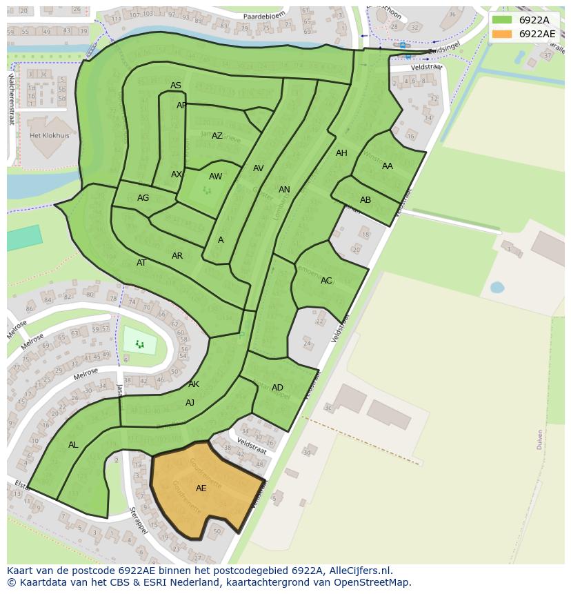 Afbeelding van het postcodegebied 6922 AE op de kaart.