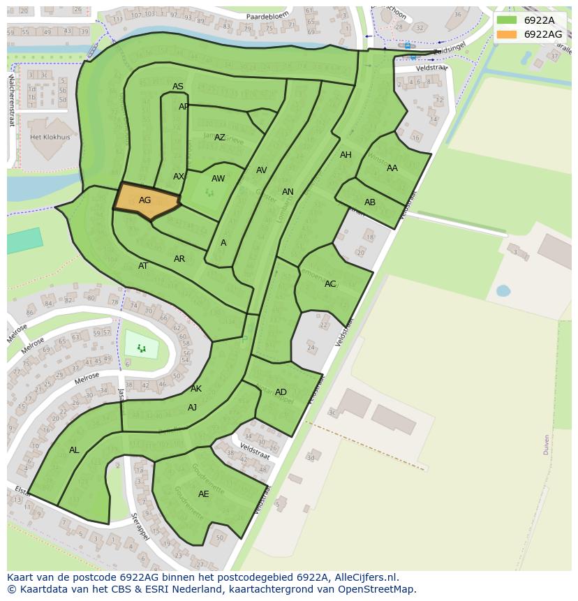 Afbeelding van het postcodegebied 6922 AG op de kaart.