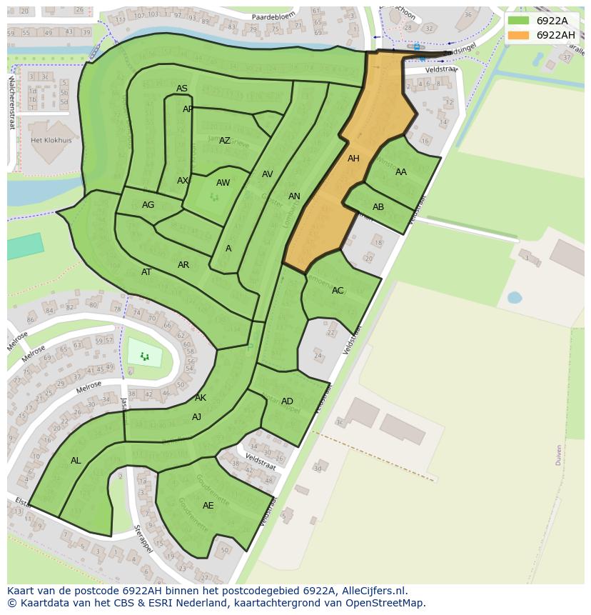 Afbeelding van het postcodegebied 6922 AH op de kaart.