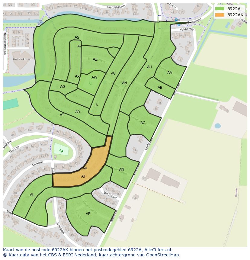 Afbeelding van het postcodegebied 6922 AK op de kaart.