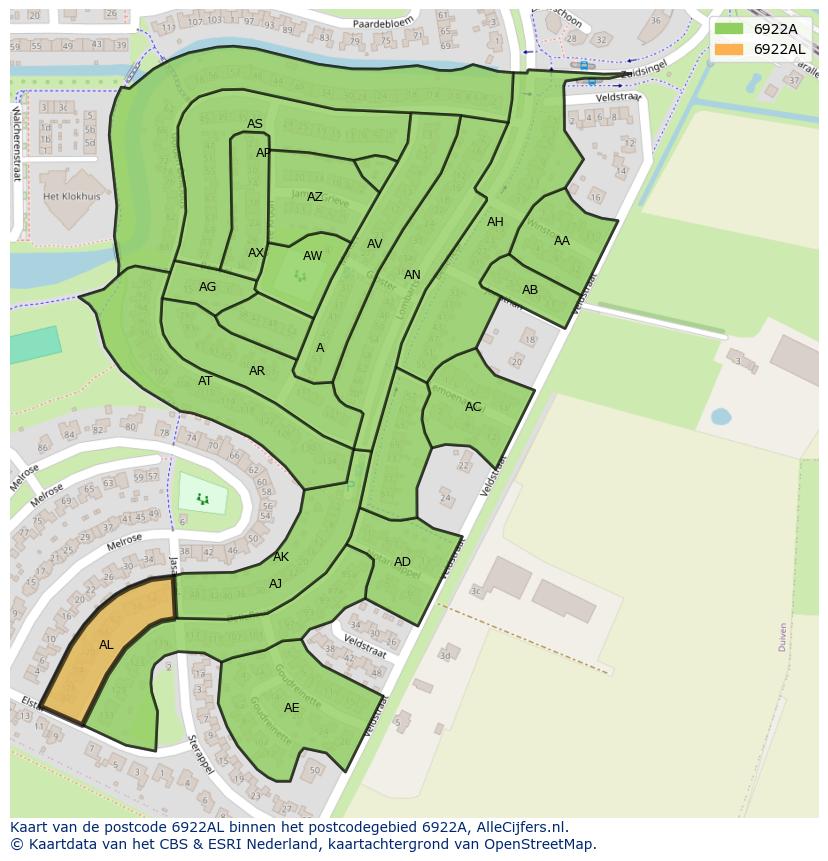 Afbeelding van het postcodegebied 6922 AL op de kaart.
