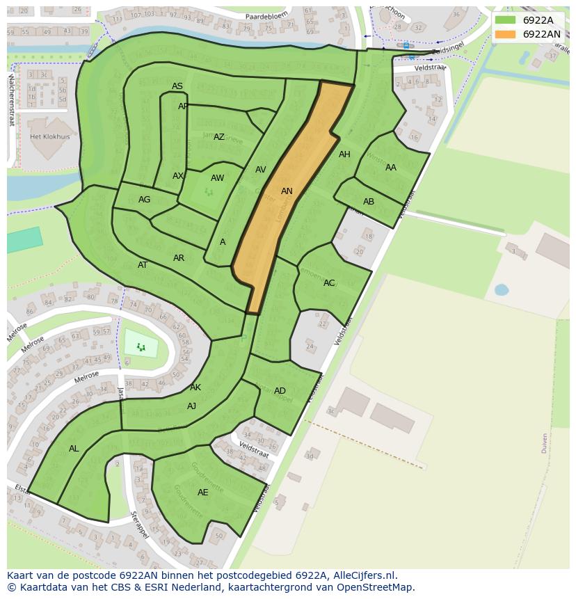 Afbeelding van het postcodegebied 6922 AN op de kaart.