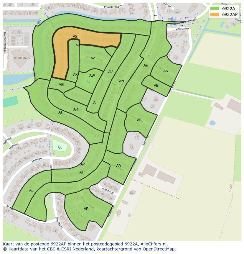 Afbeelding van het postcodegebied 6922 AP op de kaart.