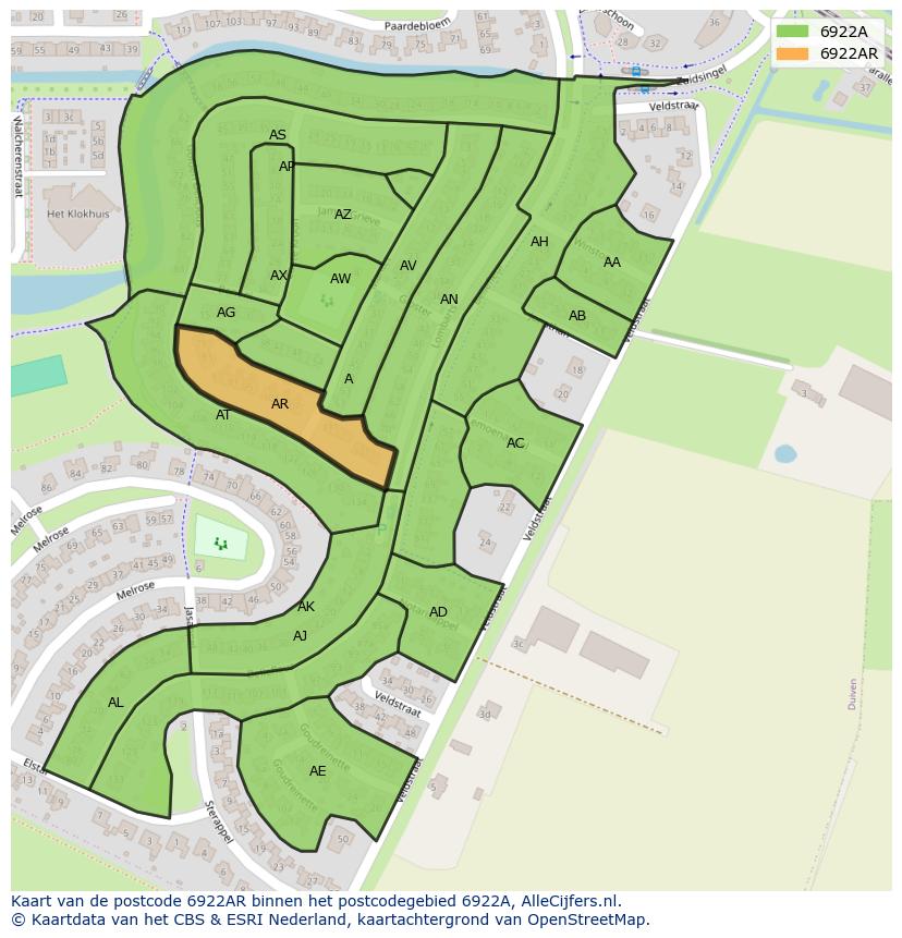 Afbeelding van het postcodegebied 6922 AR op de kaart.