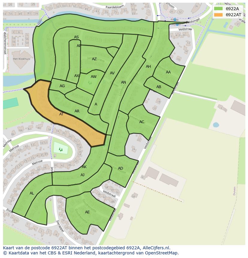 Afbeelding van het postcodegebied 6922 AT op de kaart.