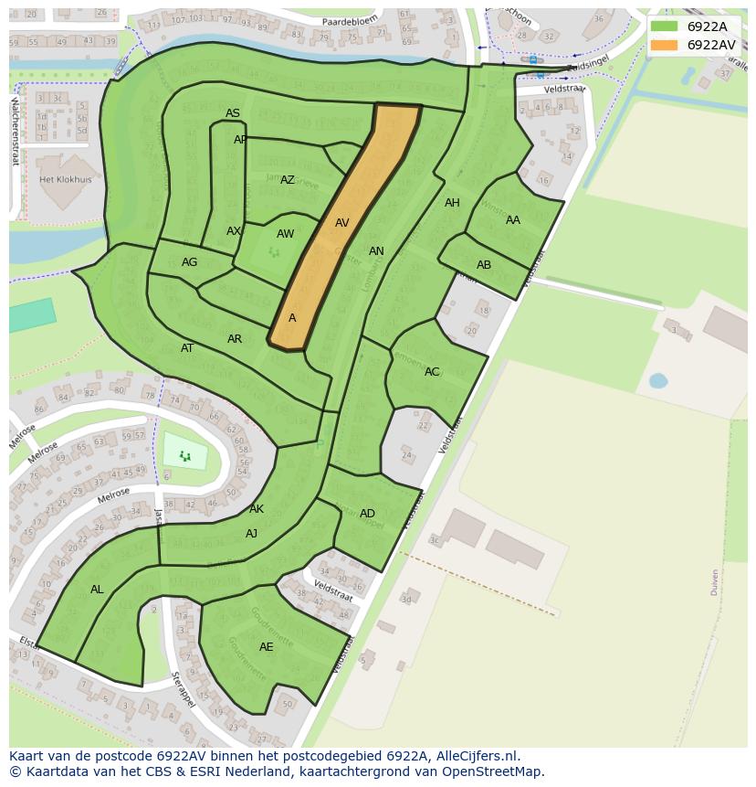 Afbeelding van het postcodegebied 6922 AV op de kaart.