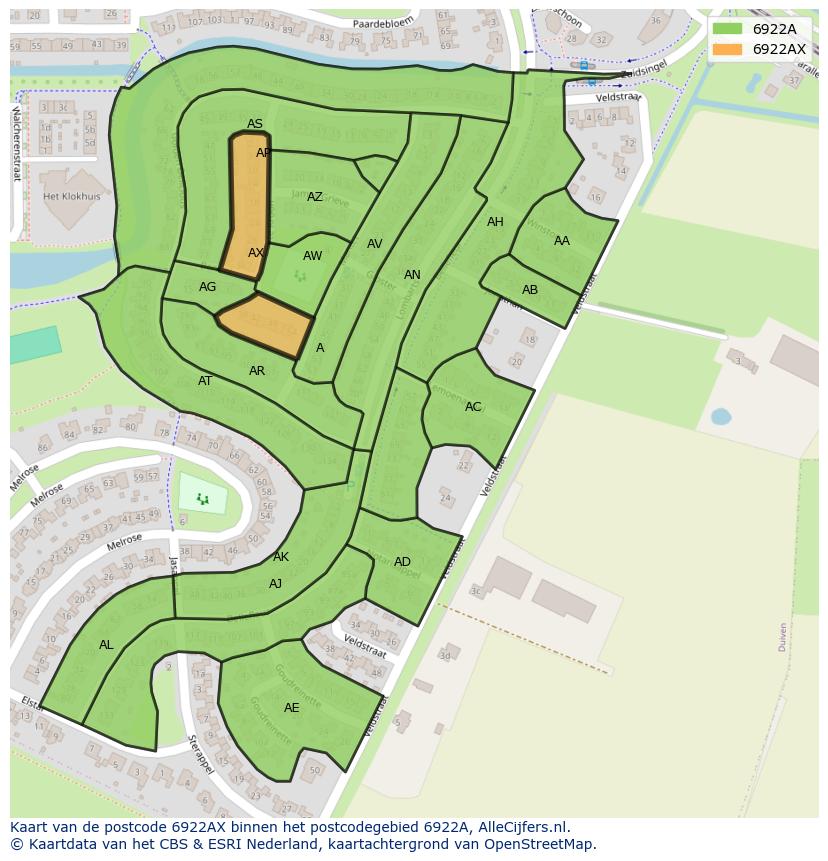 Afbeelding van het postcodegebied 6922 AX op de kaart.