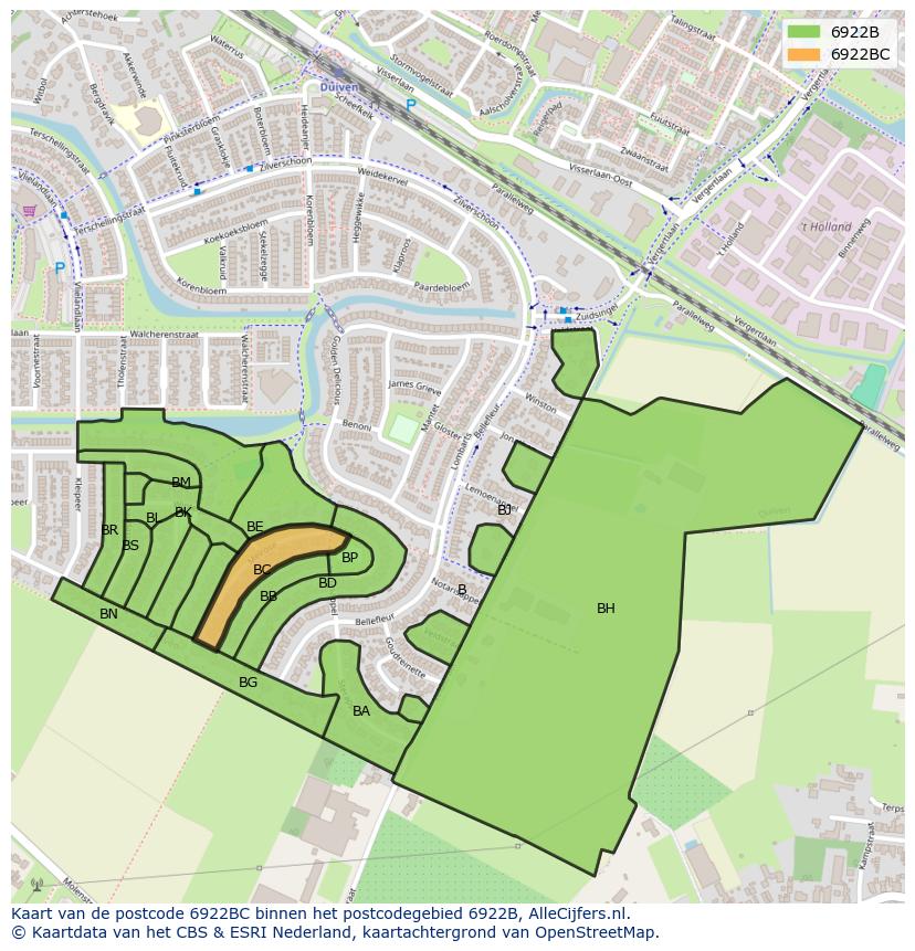 Afbeelding van het postcodegebied 6922 BC op de kaart.