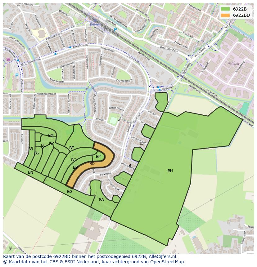 Afbeelding van het postcodegebied 6922 BD op de kaart.