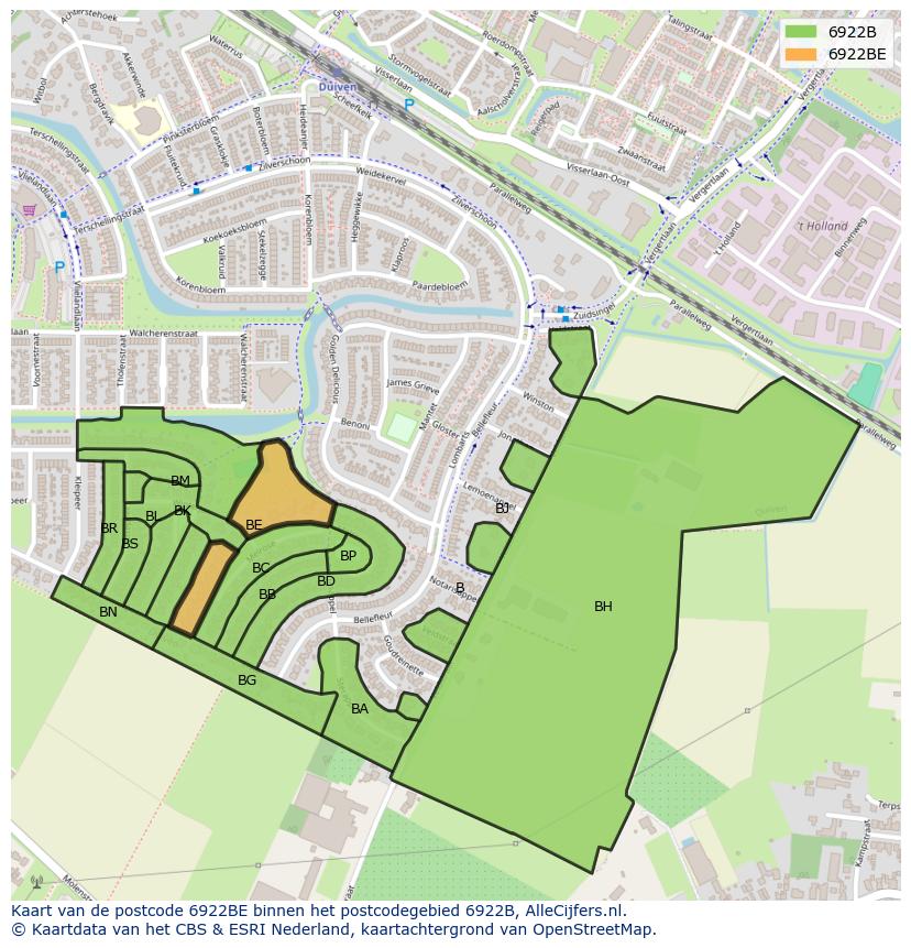 Afbeelding van het postcodegebied 6922 BE op de kaart.