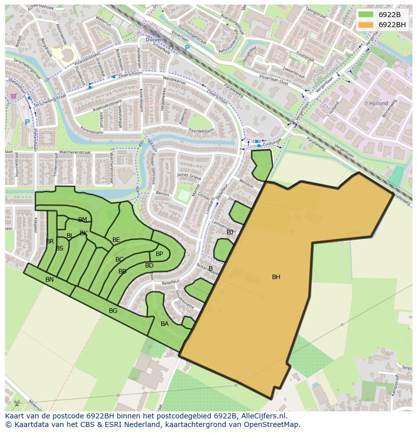 Afbeelding van het postcodegebied 6922 BH op de kaart.