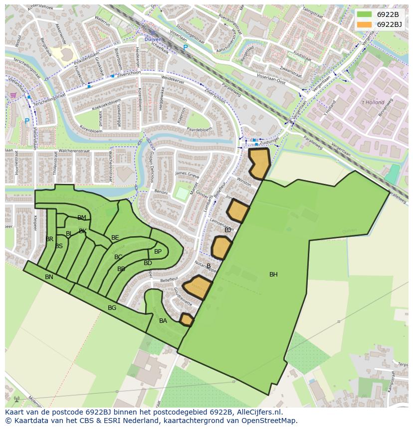 Afbeelding van het postcodegebied 6922 BJ op de kaart.