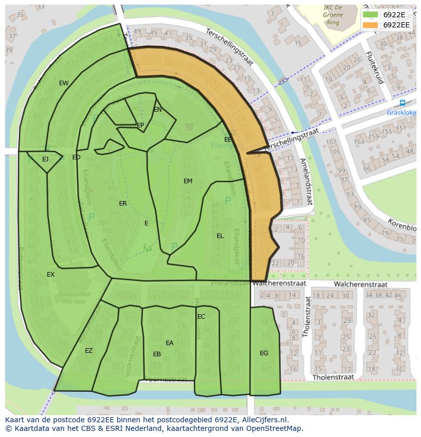 Afbeelding van het postcodegebied 6922 EE op de kaart.
