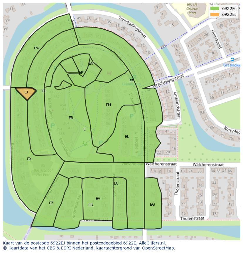 Afbeelding van het postcodegebied 6922 EJ op de kaart.