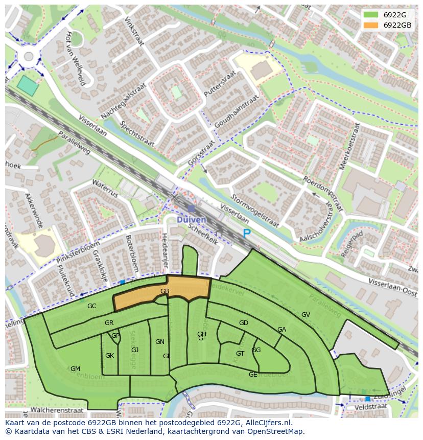 Afbeelding van het postcodegebied 6922 GB op de kaart.