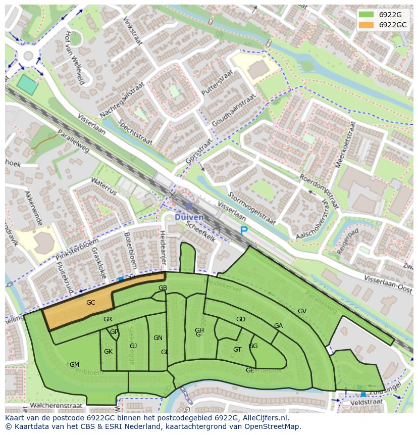Afbeelding van het postcodegebied 6922 GC op de kaart.