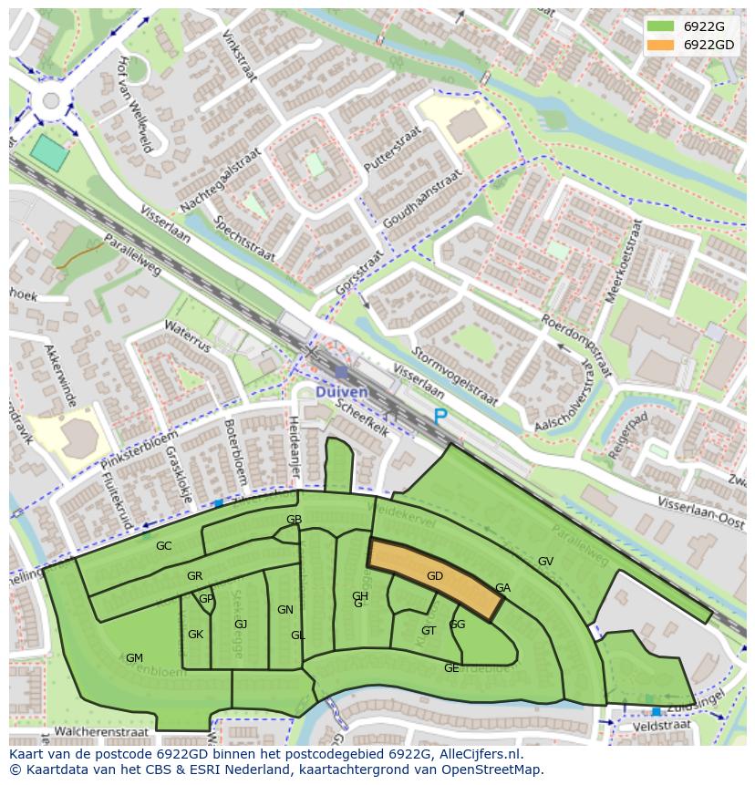 Afbeelding van het postcodegebied 6922 GD op de kaart.