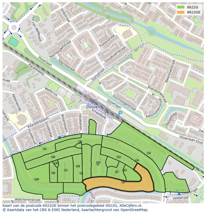 Afbeelding van het postcodegebied 6922 GE op de kaart.