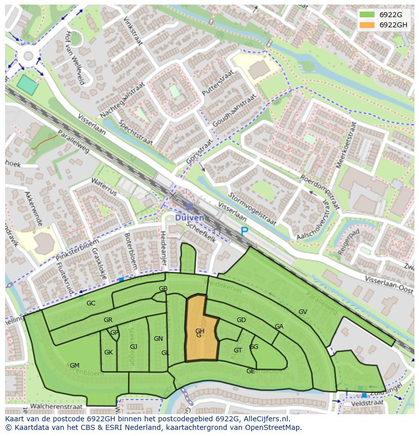 Afbeelding van het postcodegebied 6922 GH op de kaart.