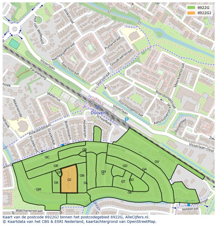 Afbeelding van het postcodegebied 6922 GJ op de kaart.