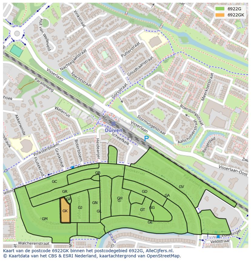 Afbeelding van het postcodegebied 6922 GK op de kaart.
