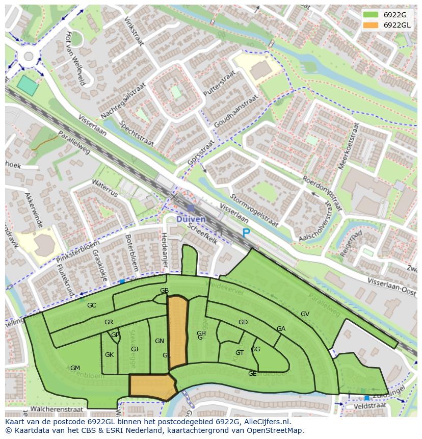 Afbeelding van het postcodegebied 6922 GL op de kaart.
