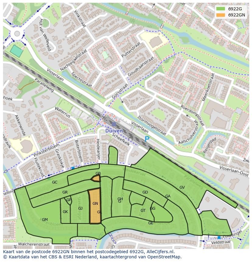 Afbeelding van het postcodegebied 6922 GN op de kaart.