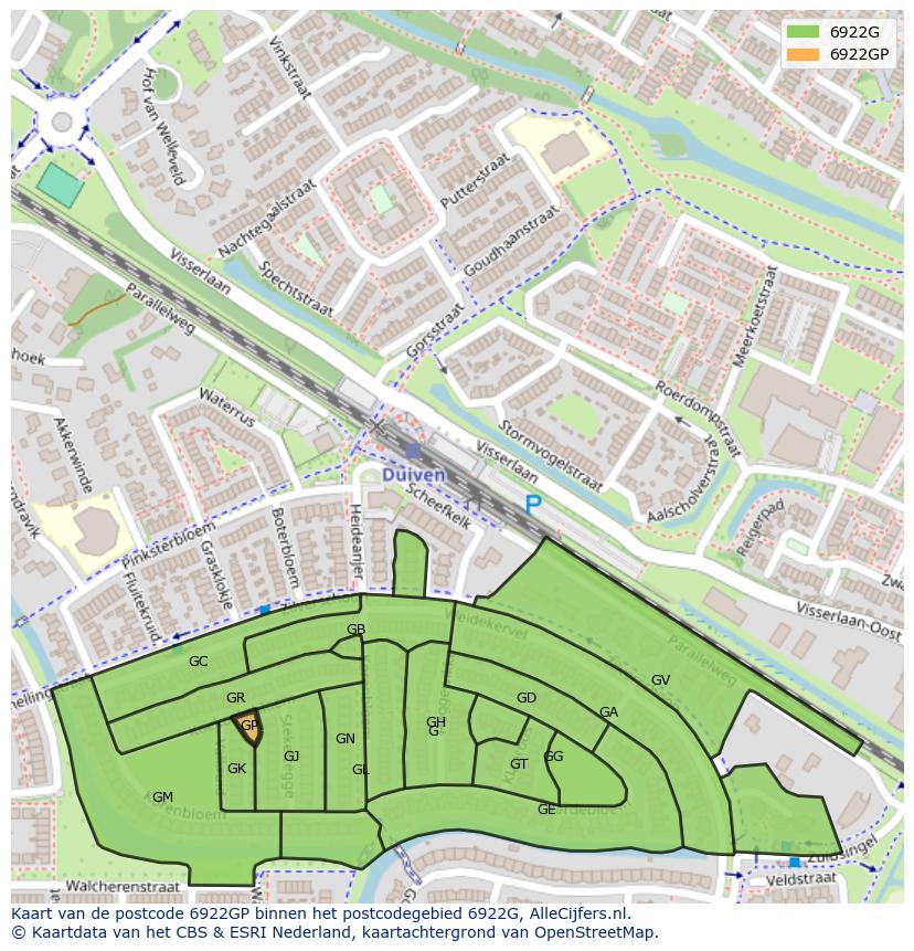 Afbeelding van het postcodegebied 6922 GP op de kaart.
