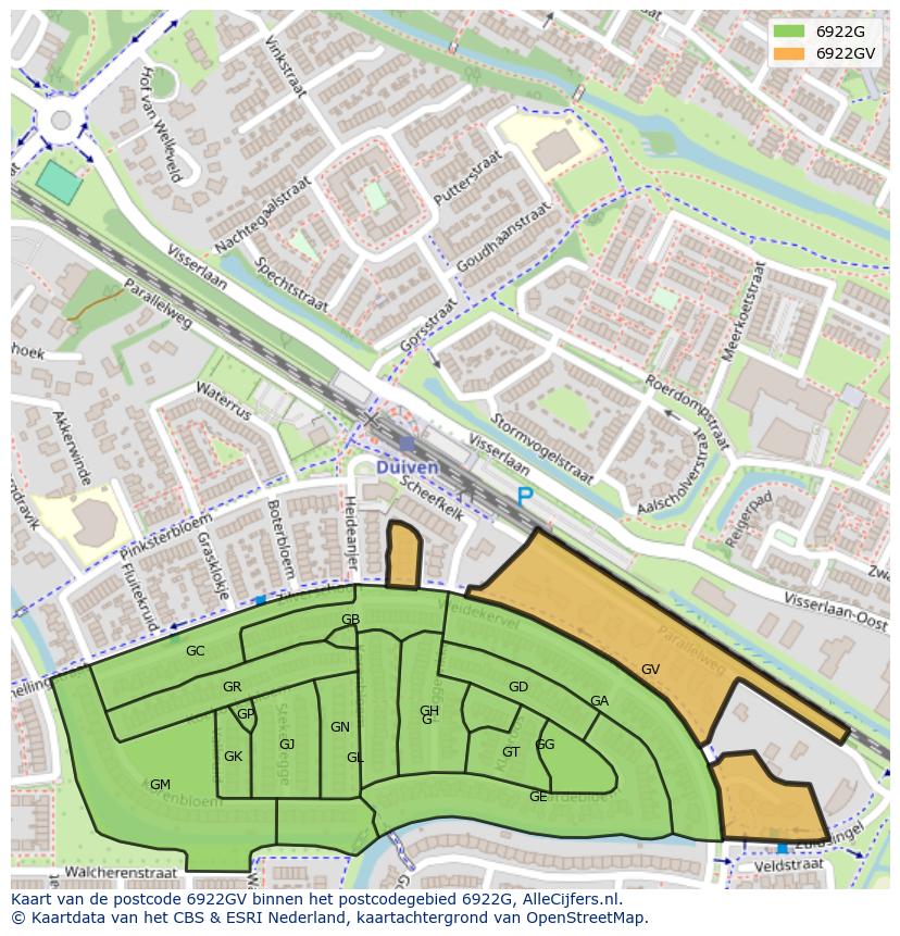 Afbeelding van het postcodegebied 6922 GV op de kaart.