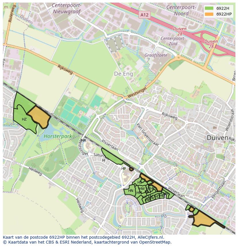 Afbeelding van het postcodegebied 6922 HP op de kaart.
