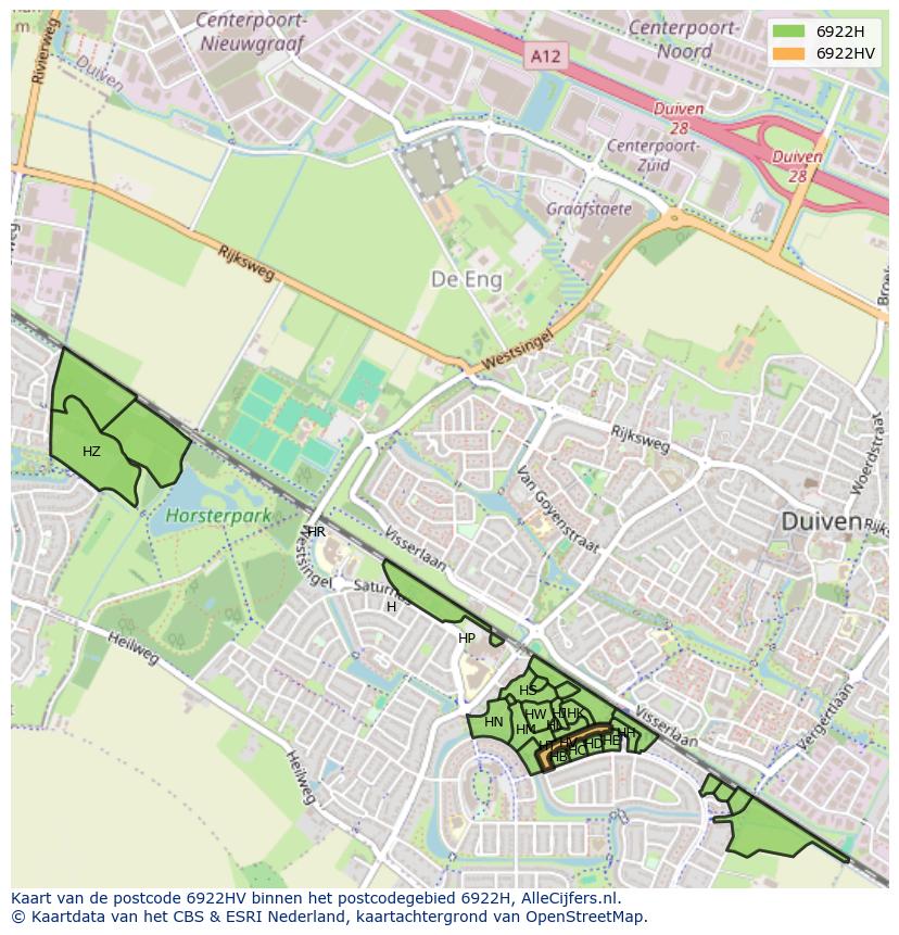 Afbeelding van het postcodegebied 6922 HV op de kaart.