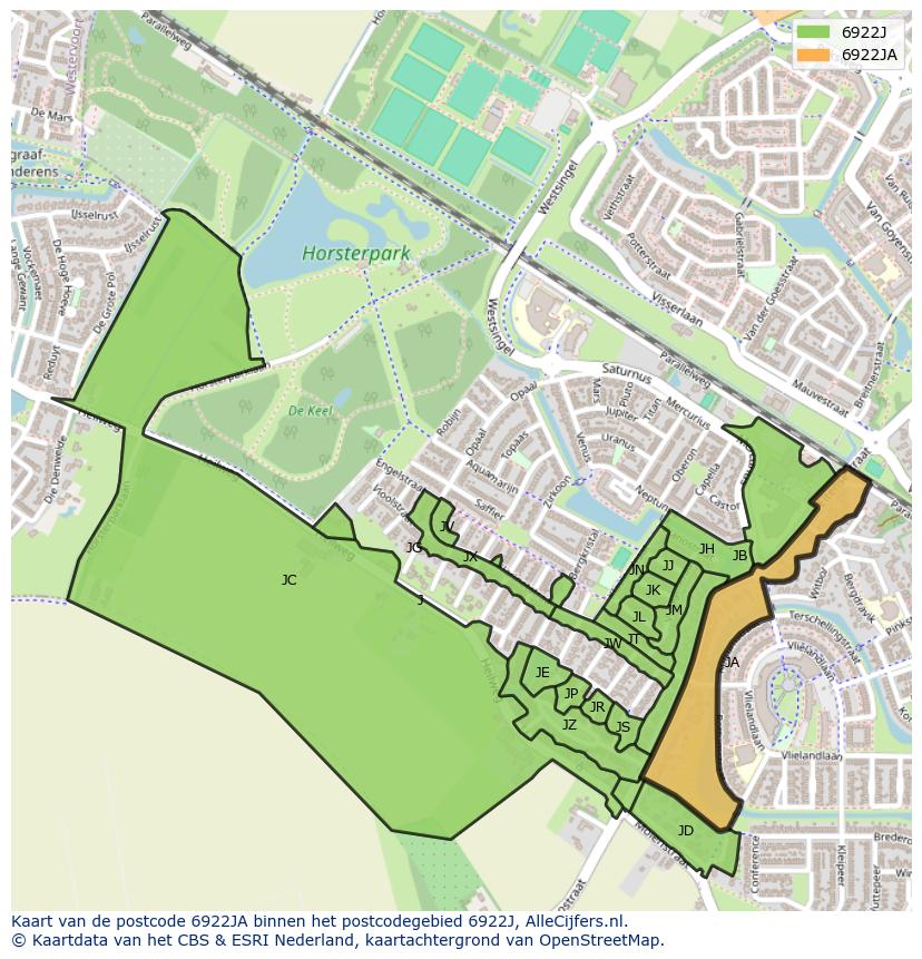 Afbeelding van het postcodegebied 6922 JA op de kaart.