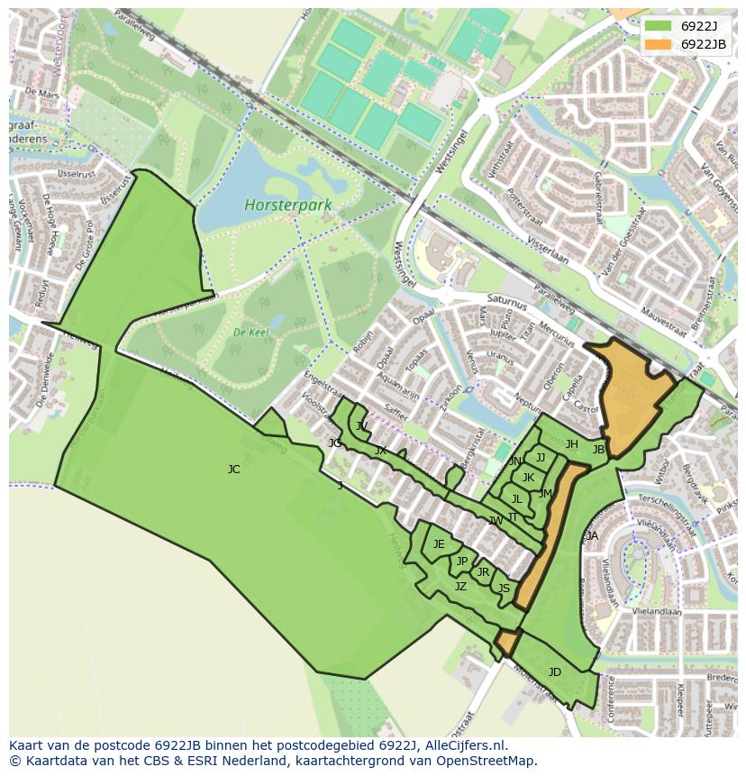 Afbeelding van het postcodegebied 6922 JB op de kaart.