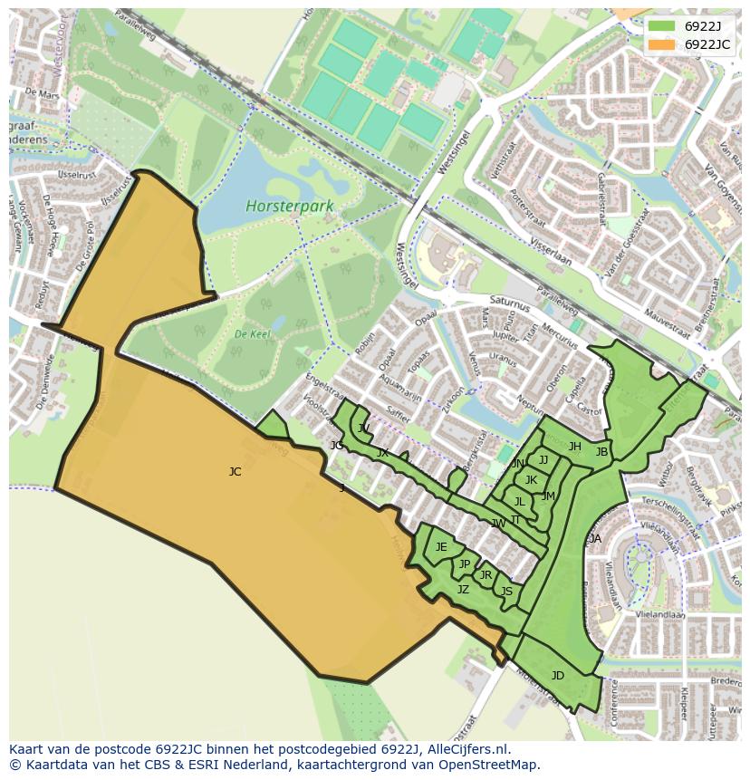 Afbeelding van het postcodegebied 6922 JC op de kaart.