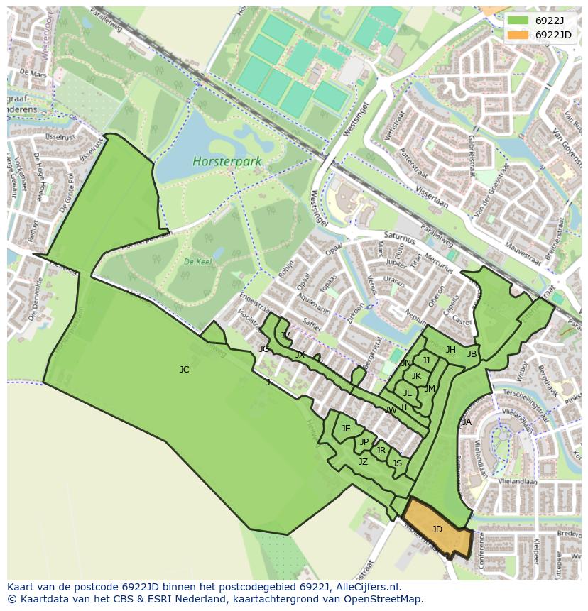 Afbeelding van het postcodegebied 6922 JD op de kaart.