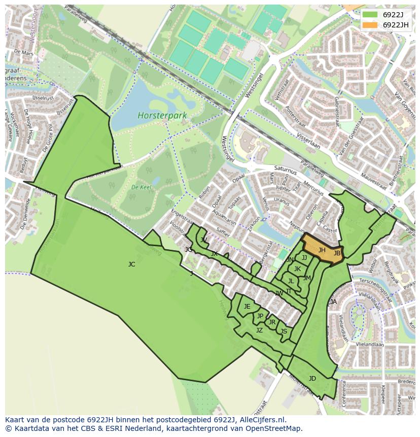 Afbeelding van het postcodegebied 6922 JH op de kaart.