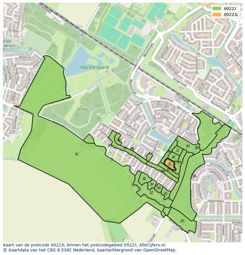Afbeelding van het postcodegebied 6922 JL op de kaart.