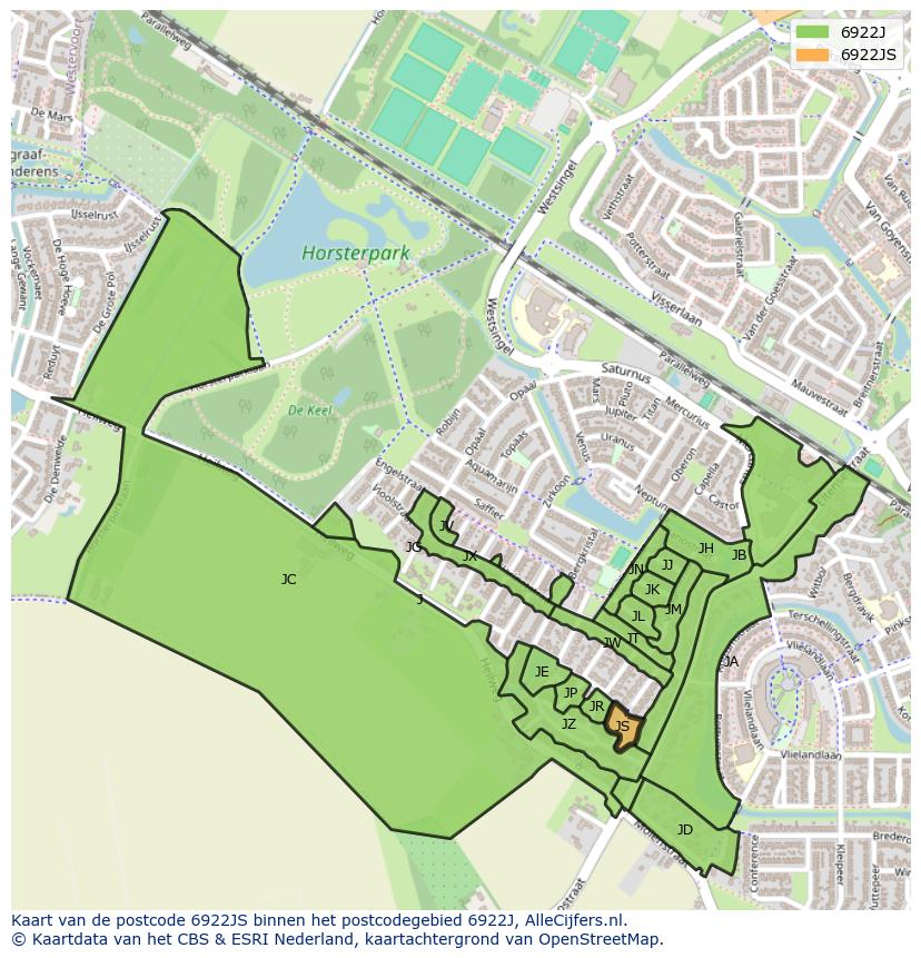 Afbeelding van het postcodegebied 6922 JS op de kaart.