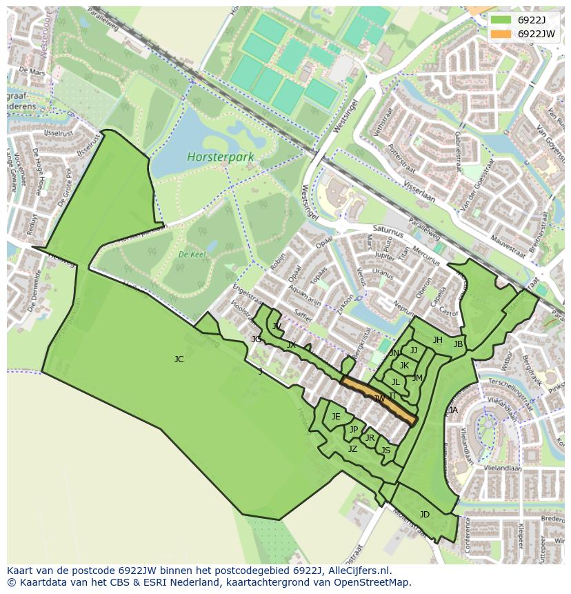 Afbeelding van het postcodegebied 6922 JW op de kaart.