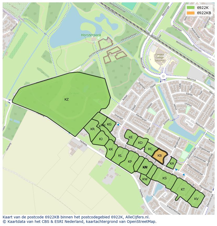 Afbeelding van het postcodegebied 6922 KB op de kaart.